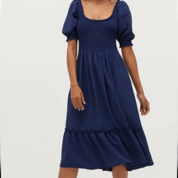 NWT Hill House Louisa Nap Smocked Puff Sleeve Midi Dress Navy Blue Crepe… - Picture 1 of 11